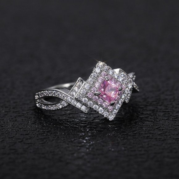 🌸Beautiful Silver Pure Pink Double Layer Weave Princess Cut CZ Ring, K832 - Picture 4 of 9